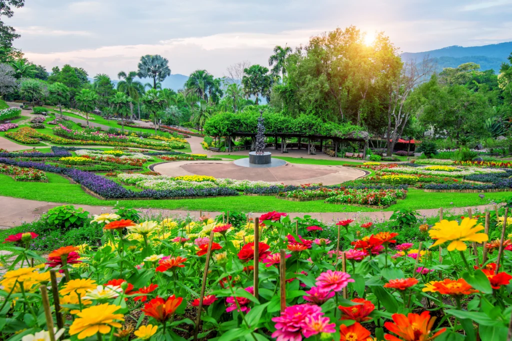 Colorful formal flower garden with manicured beds