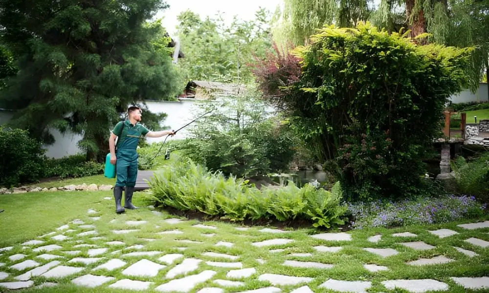 Crew maintaining landscaping at a commercial HOA property