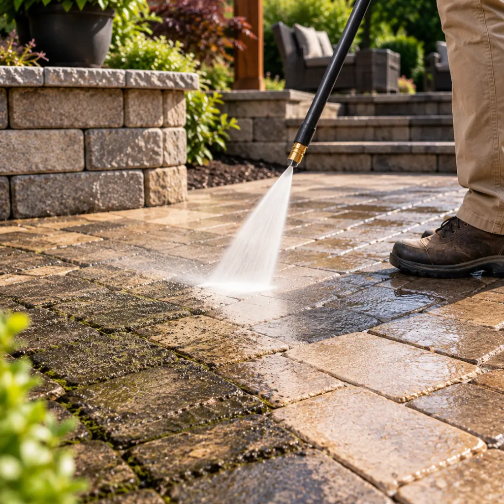 Hardscape maintenance technician pressure washing a paver patio to remove built-up dirt and moss.
