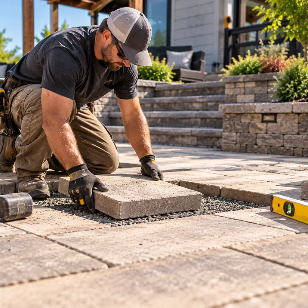 Hardscaper installing paver stones for a patio walkway.