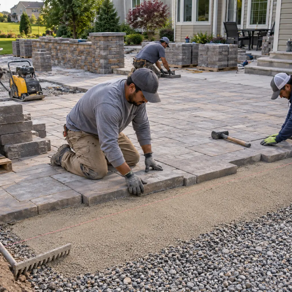 Hardscape crew installing a paver patio with compactor and stone wall in the background.