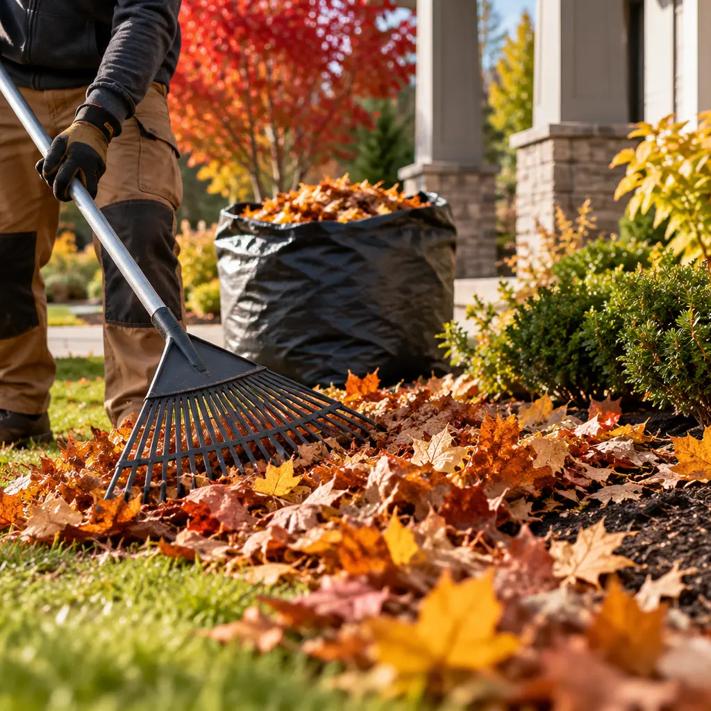 Worker raking fall leaves into a pile beside a filled yard waste bag.