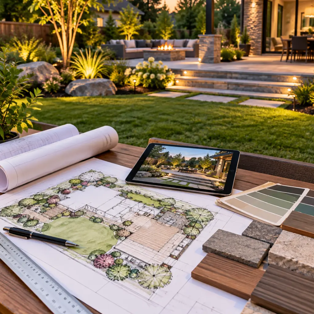 Colored landscape plan, rolled drawings, tablet rendering and stone, wood and paint samples on a table, with a lit patio and fire pit behind.