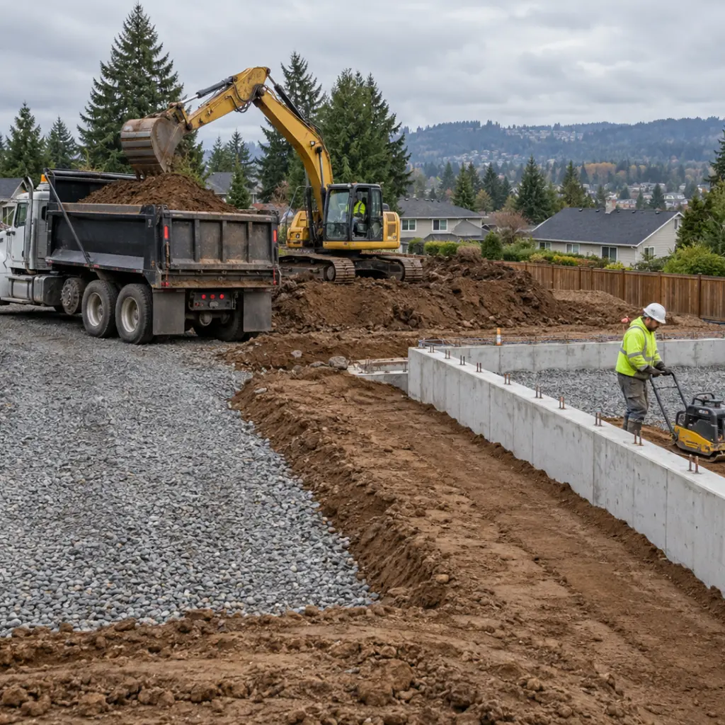 Excavator loading a dump truck as a worker compacts soil beside a concrete foundation wall and gravel base.
