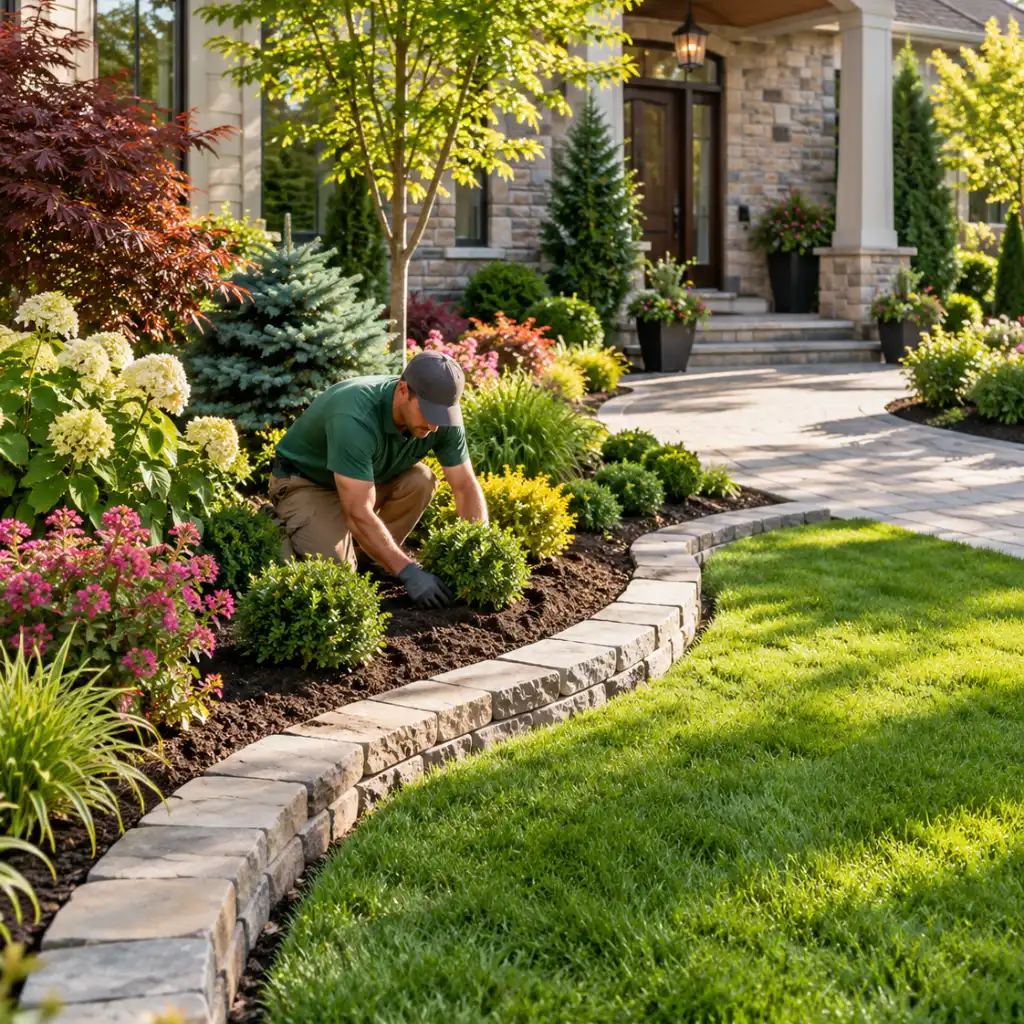 Landscaper planting shrubs and improving a landscaped front yard with stone edging, flowers, trees, and green lawn.