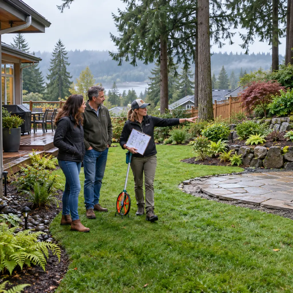 Landscape designer with a measuring wheel and plans consulting a couple in a backyard with a stone patio, ferns, and evergreen trees.