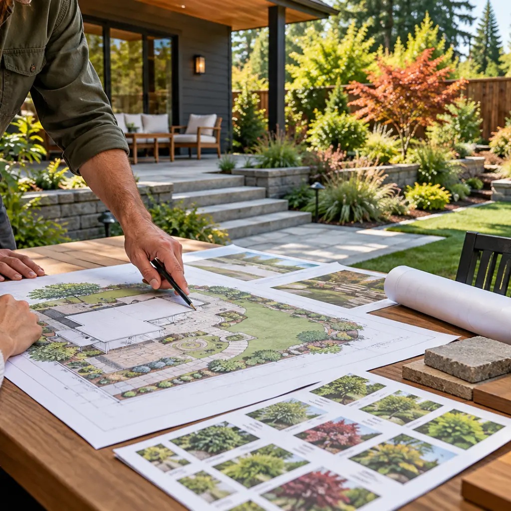 Landscape designer pointing to a colored backyard site plan with plant sample sheets and a stone paver sample, with the finished patio garden behind.