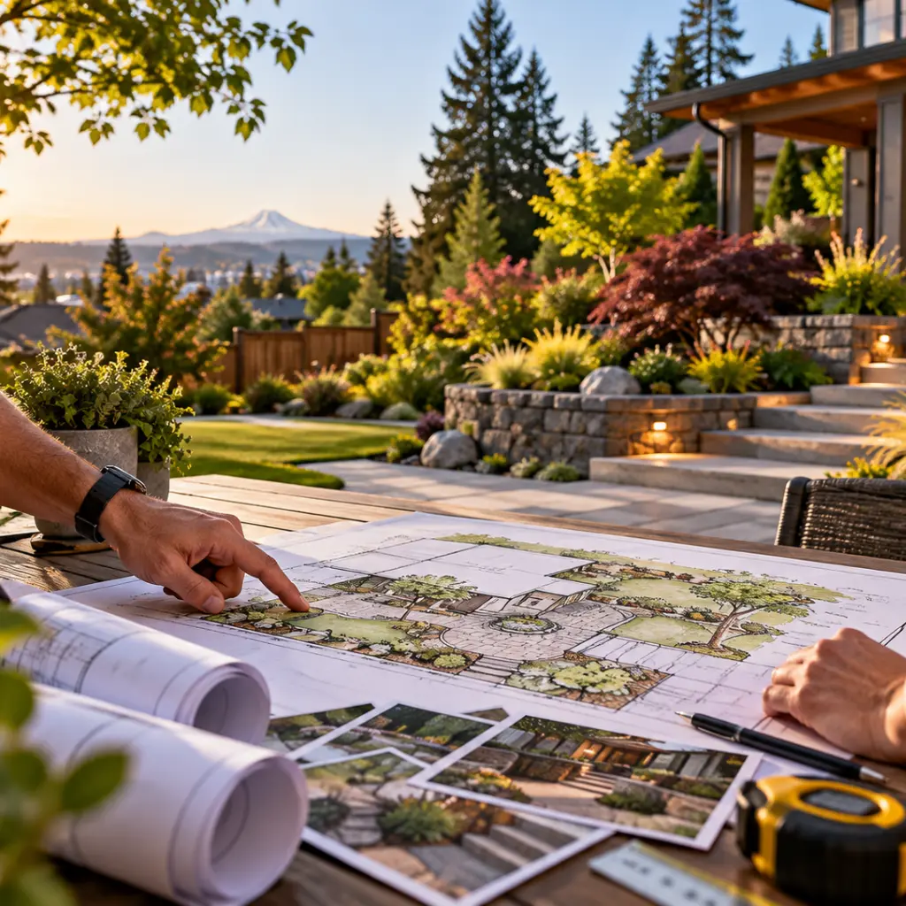 Landscape designer pointing to a backyard site plan with rolled blueprints, rendering sketches, and a tape measure, with the finished garden in the background.