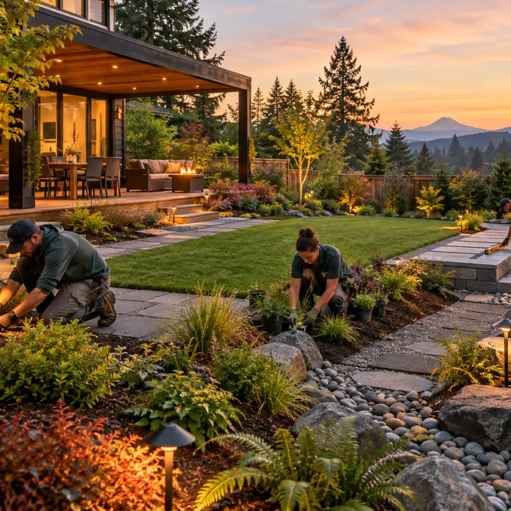 Landscapers planting shrubs and ferns beside a stepping-stone path and river rock bed in a backyard with a fire pit and mountain view at sunset.