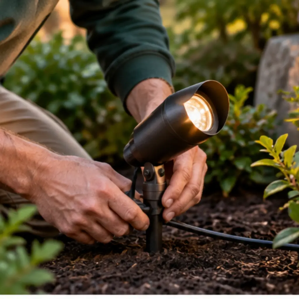 Technician adjusting a low-voltage landscape spotlight on a ground stake in a mulched garden bed during outdoor lighting installation.