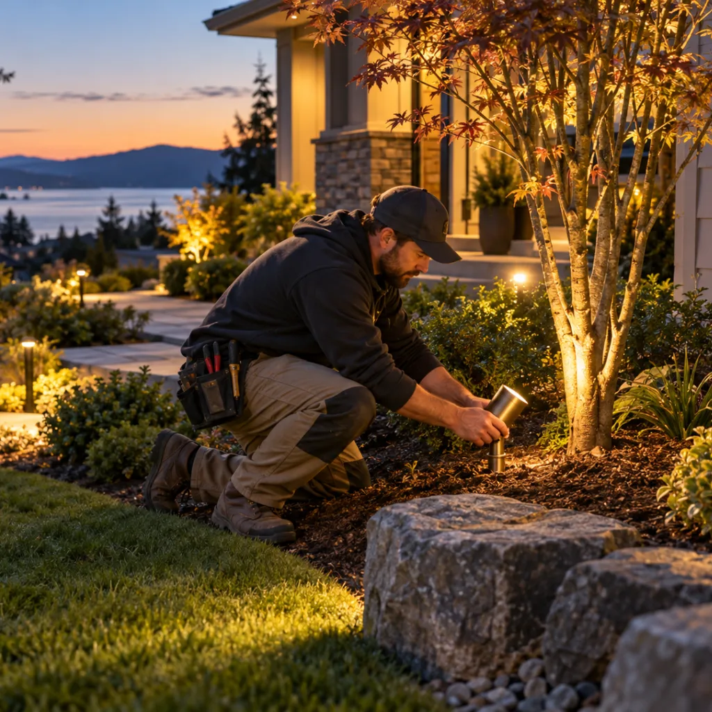 Landscape lighting technician adjusting an uplight at the base of a Japanese maple tree in a garden bed at sunset.