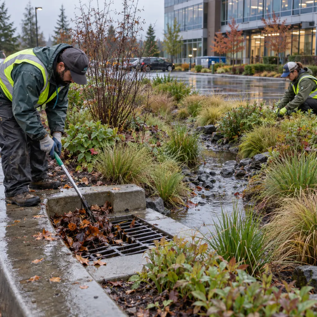 Landscape maintenance crew clearing leaves from a storm drain beside a rain garden with ornamental grasses at a commercial property.