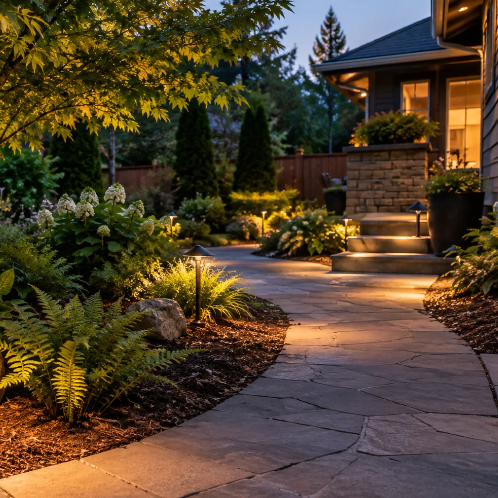 Curved flagstone walkway lit by low-profile path lights, with ferns, hydrangeas, and glowing step lights near the home’s entrance.