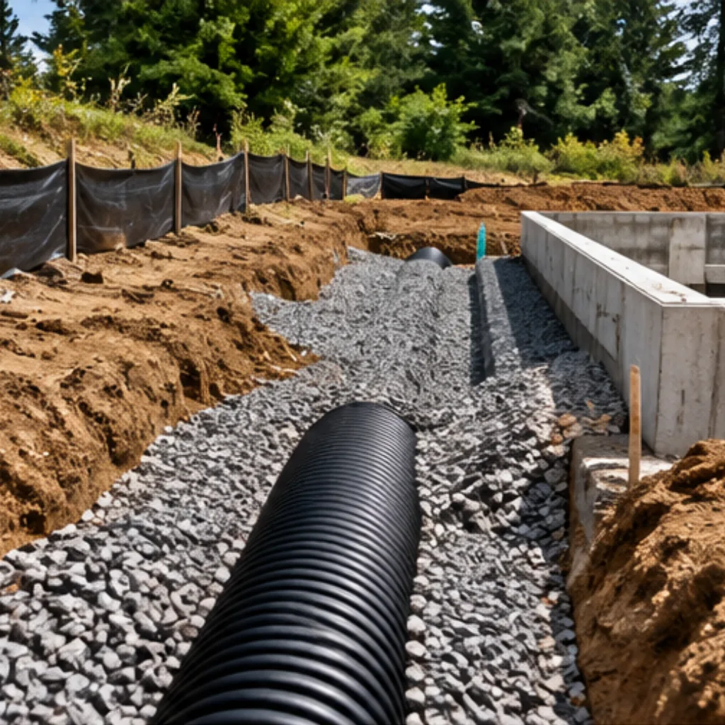 Corrugated drain pipe set in a gravel trench beside a concrete foundation wall with silt fence behind.