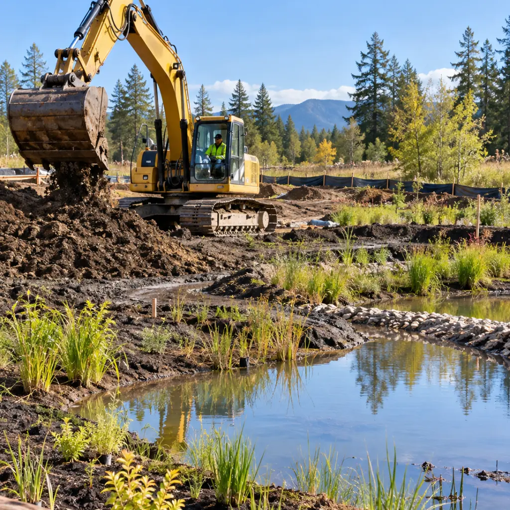 Excavator operator in a high-visibility vest grading a wetland restoration site beside a new pond, with a silt fence and plantings.