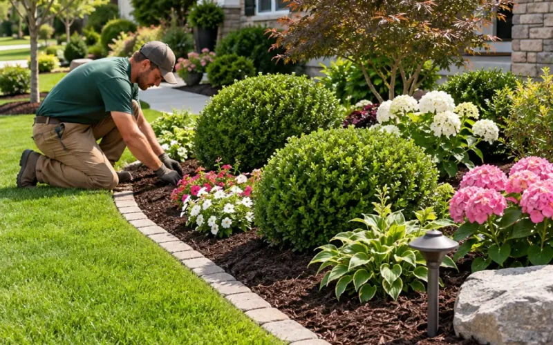 Landscaper maintaining a residential garden bed with fresh mulch, trimmed shrubs, flowering plants, and a manicured lawn..