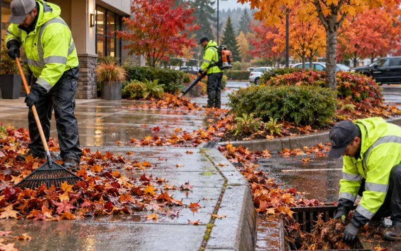 Landscape maintenance crew raking, blowing, and clearing fall leaves from a drain and walkway at a commercial building.