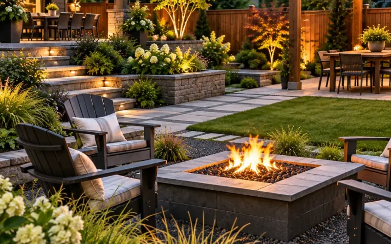 Custom landscape design with a stone fire pit, Adirondack chairs, a pergola dining area, retaining walls, and landscape lighting at dusk.
