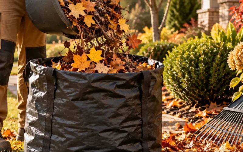 Landscaper emptying a bucket of fallen leaves into a yard waste bag during fall cleanup.