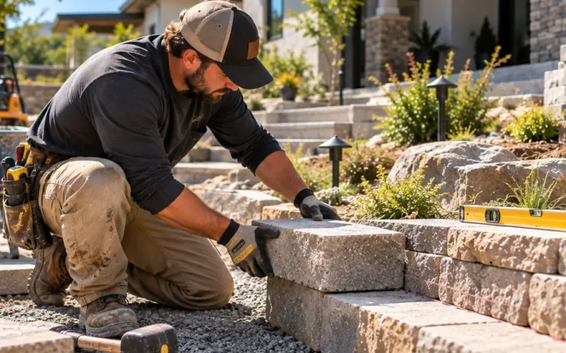 Hardscape contractor setting stone blocks for a retaining wall.