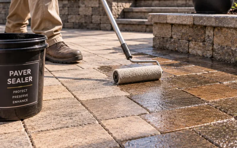 Hardscape maintenance crew applying protective sealer to a paver patio with a roller.