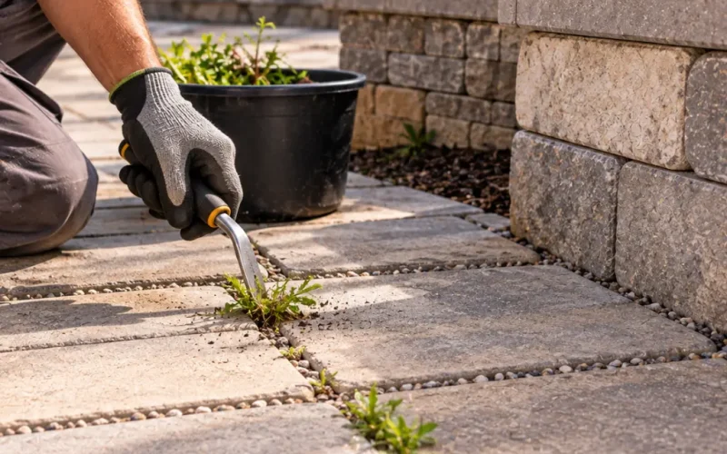 Hardscape maintenance worker removing weeds from paver joints as part of routine upkeep.