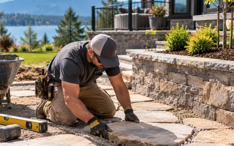 Hardscape worker laying natural stone patio with lake view.