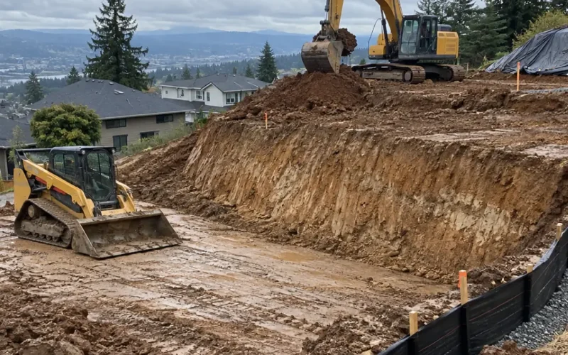 Excavator and skid steer grading a hillside lot with a cut slope and silt fence for erosion control.