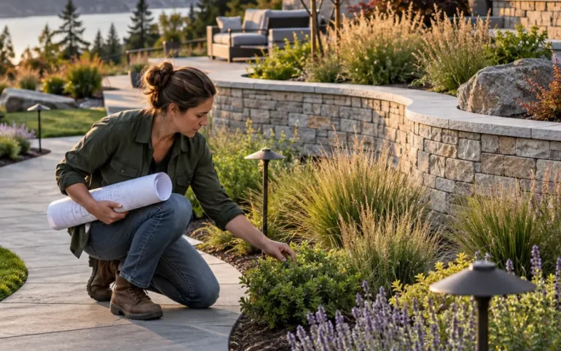 Landscape professional crouching beside a curved stone retaining wall and lavender beds while holding rolled plans, with a lake and hills in the background.
