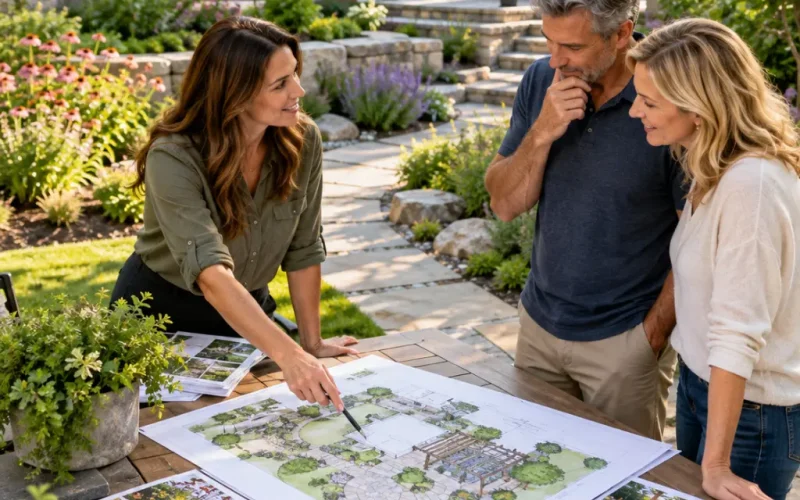 Landscape designer reviewing a colored garden plan with two homeowners at an outdoor table, with a flagstone path and flower beds behind them.