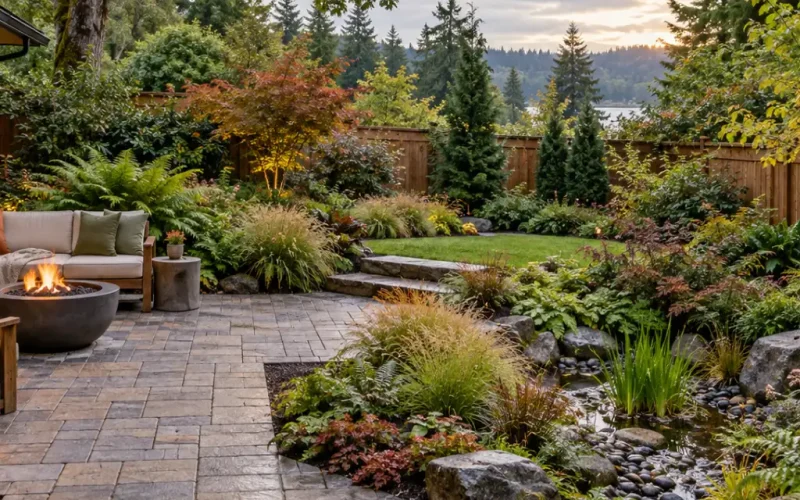 Landscape design with a paver patio, fire pit seating area, ornamental grasses, boulders, and a pebble stream bed with woodland plantings.