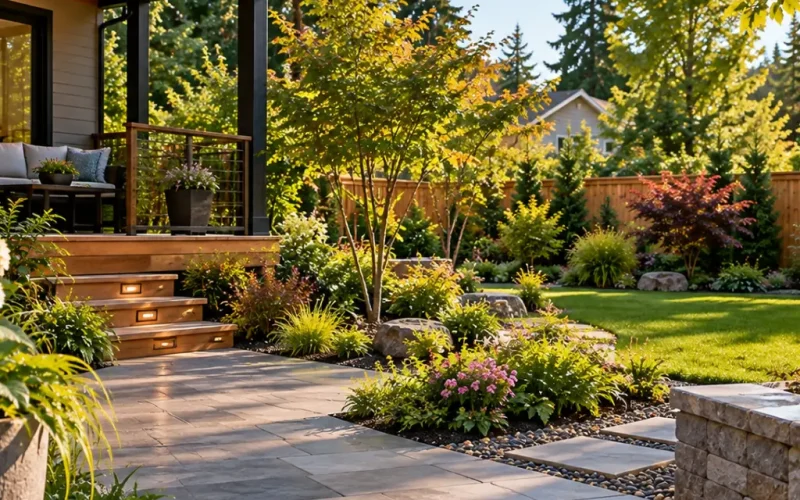 Backyard landscape design with a large-format paver walkway, lit wooden steps to a covered porch, and a mix of shrubs, ornamental trees, and a lawn.