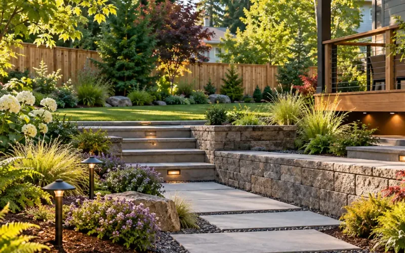 Landscape design with lit stone steps, a flagstone pathway edged in river rock, path lights, and layered plantings beside a raised deck.