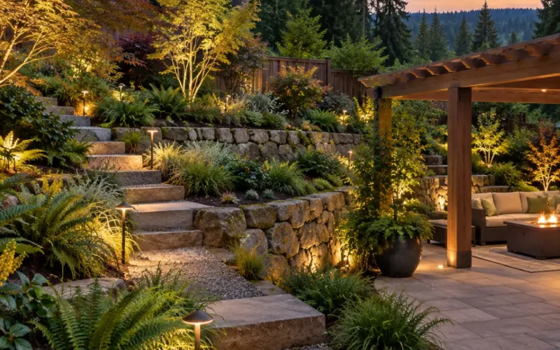 Terraced landscape design with stone retaining walls, stepping stone path, landscape lighting, and a pergola patio at dusk.
