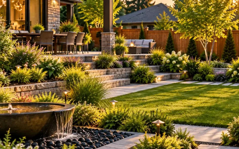 Backyard landscape design with a bubbling water bowl fountain, river rock, stone retaining walls, path lights, and a covered patio at golden hour.