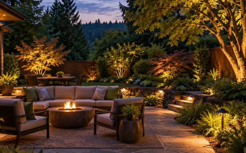 Backyard patio with a fire pit and seating area, softly illuminated by landscape lighting on trees, garden beds, and stone steps at night.