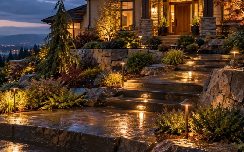 Stone steps and retaining wall lit by path lights and step lights, leading to a front entry with warm outdoor lighting at dusk.