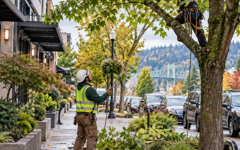 Arborist in a climbing harness pruning a street tree while a ground crew member supervises along a commercial sidewalk.