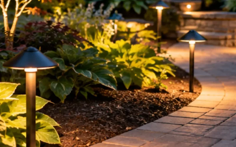 Bronze landscape path lights glowing warmly beside a curved paver walkway and a planting bed of hostas and Japanese maple.