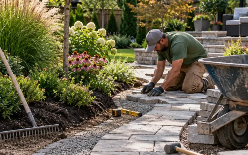 Landscaper installing a curved paver walkway with gravel base, garden plants, and landscaping tools in a residential backyard.