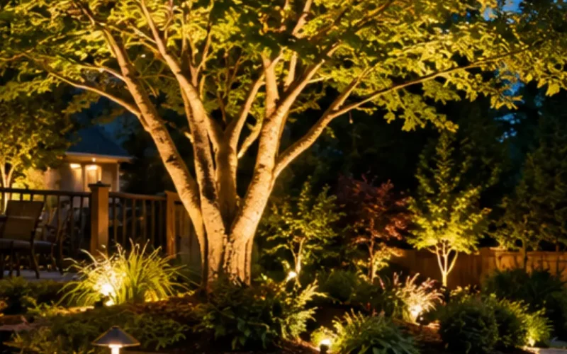Landscape uplighting illuminating a mature tree, a stone retaining wall, and garden plantings in a backyard at night.