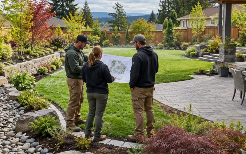Landscapers reviewing a backyard landscape design plan with a homeowner, with rock garden, river stones, and paver patio in the background.