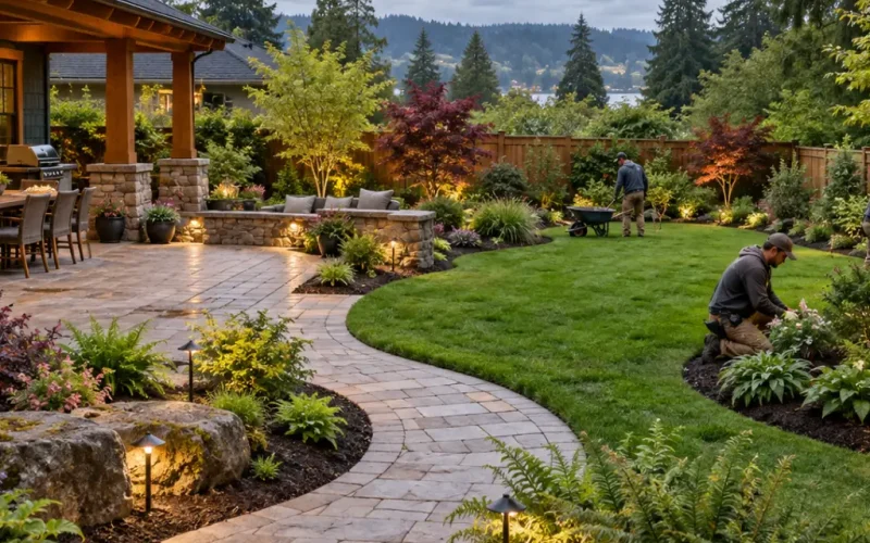 Landscaping crew planting and mulching garden beds along a curved paver walkway with landscape lighting and a stone seat wall at dusk.