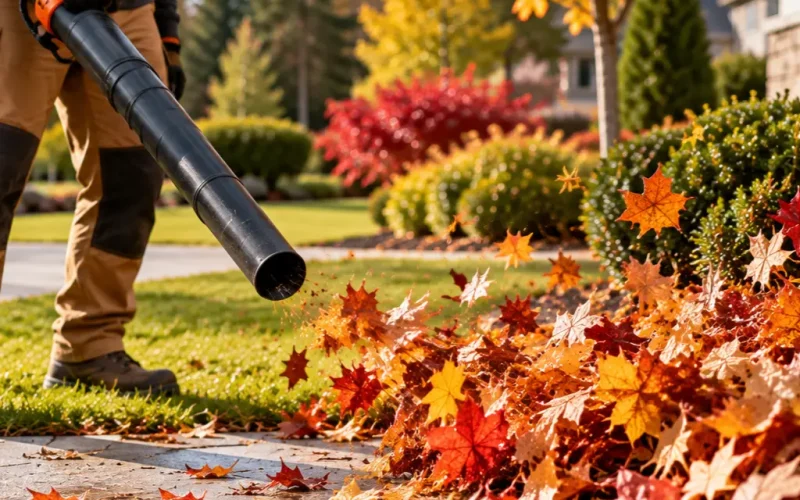 Landscaper using a leaf blower to clear fall leaves from a driveway and garden bed.