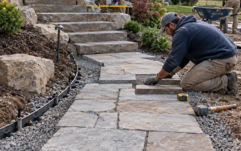 Crew laying a natural stone walkway and steps as part of a hardscape landscaping project.