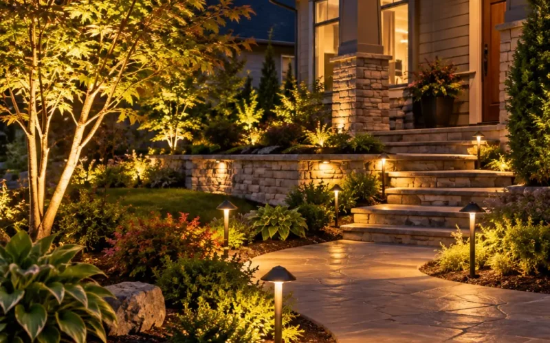 Outdoor landscape lighting at dusk with path lights and an uplit maple tree along a stone walkway leading to a home’s front entry steps.