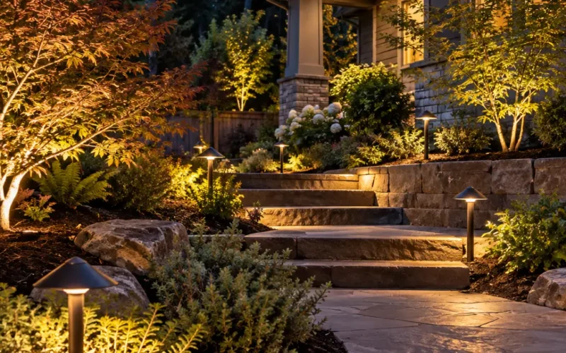 Path lights and accent lighting glowing beside stone steps and a retaining wall, highlighting shrubs and trees in a landscaped yard at night.