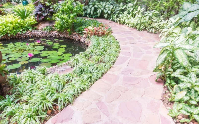 Stone pathway winding through a landscaped garden