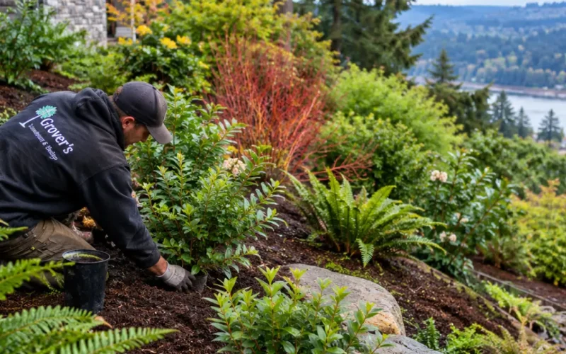 Grover's crew member planting native shrubs and sword ferns on a sloped hillside lot in West Linn, OR.