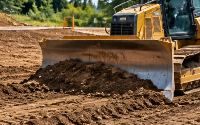 Bulldozer pushing soil to grade and level a construction site during site preparation.
